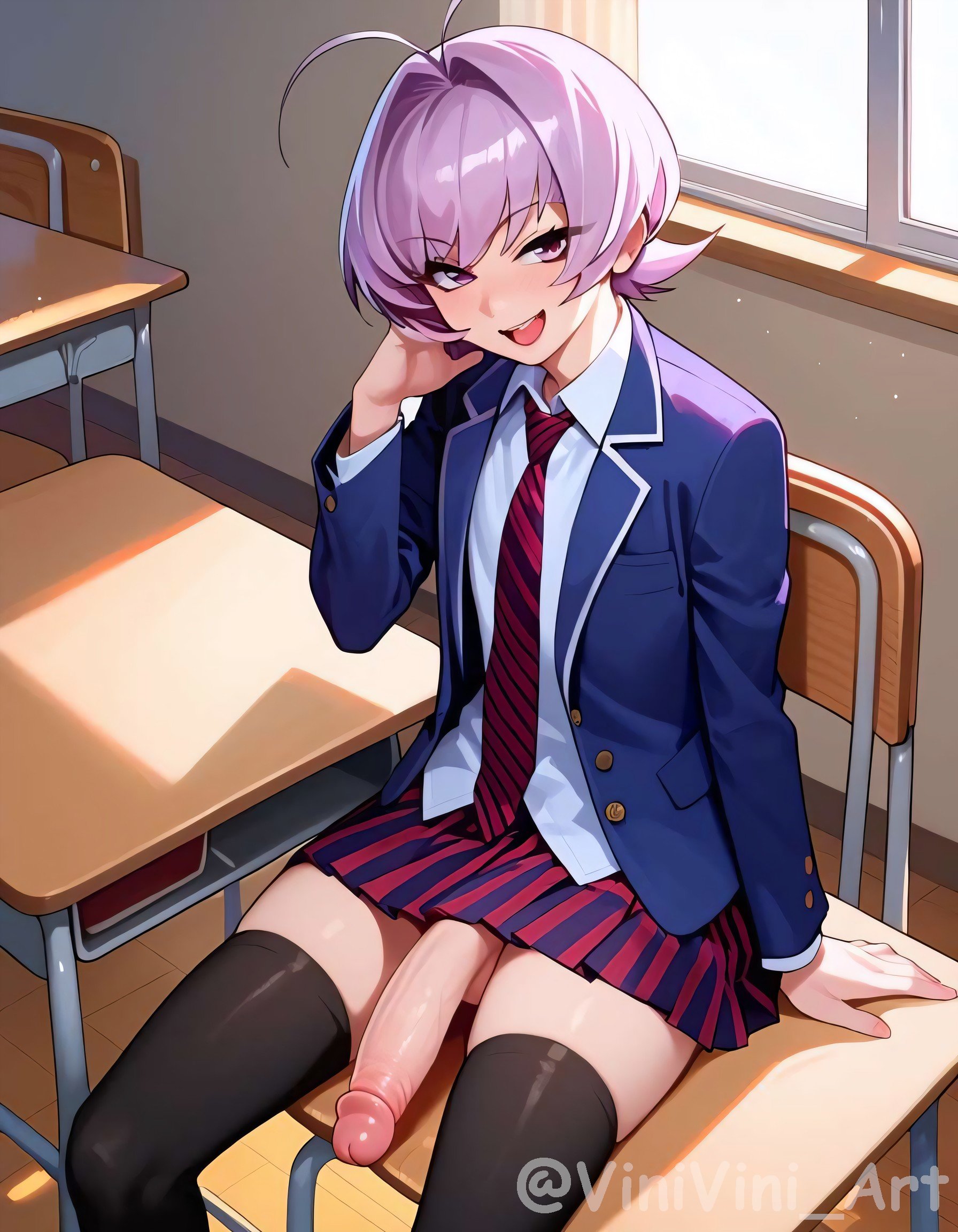 1femboy, 1other, ai generated, ambiguous gender, balls, erection, femboy, femboy only, flaccid, flaccid penis, human, komi-san wa komyushou desu, large balls, large penis, large testicles, light skin, light-skinned male, long penis, male, male only, osana najimi, penis, purple hair, school uniform, short hair, skirt, solo, solo femboy, solo male, testicles, trap, uncensored, urethra, veiny penis, vinivini art