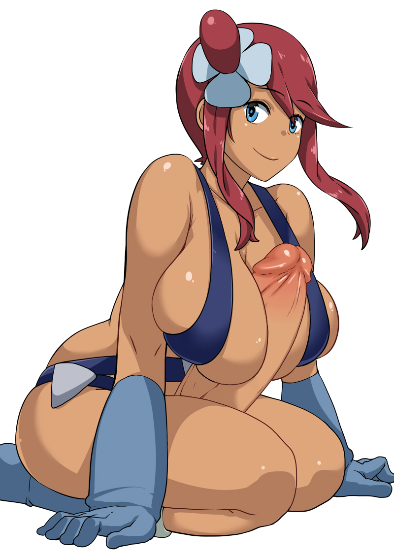 1futa autopaizuri blue_eyes dark_skin footwear futa_only futanari hair handwear hanging_breasts harness huge_breasts huge_cock human human_only intersex komusou_(jinrikisha) looking_at_viewer nintendo paizuri penis pokemon pokemon_bw pokemon_bw2 red_hair sitting skyla_(pokemon) smile solo thighband uncensored