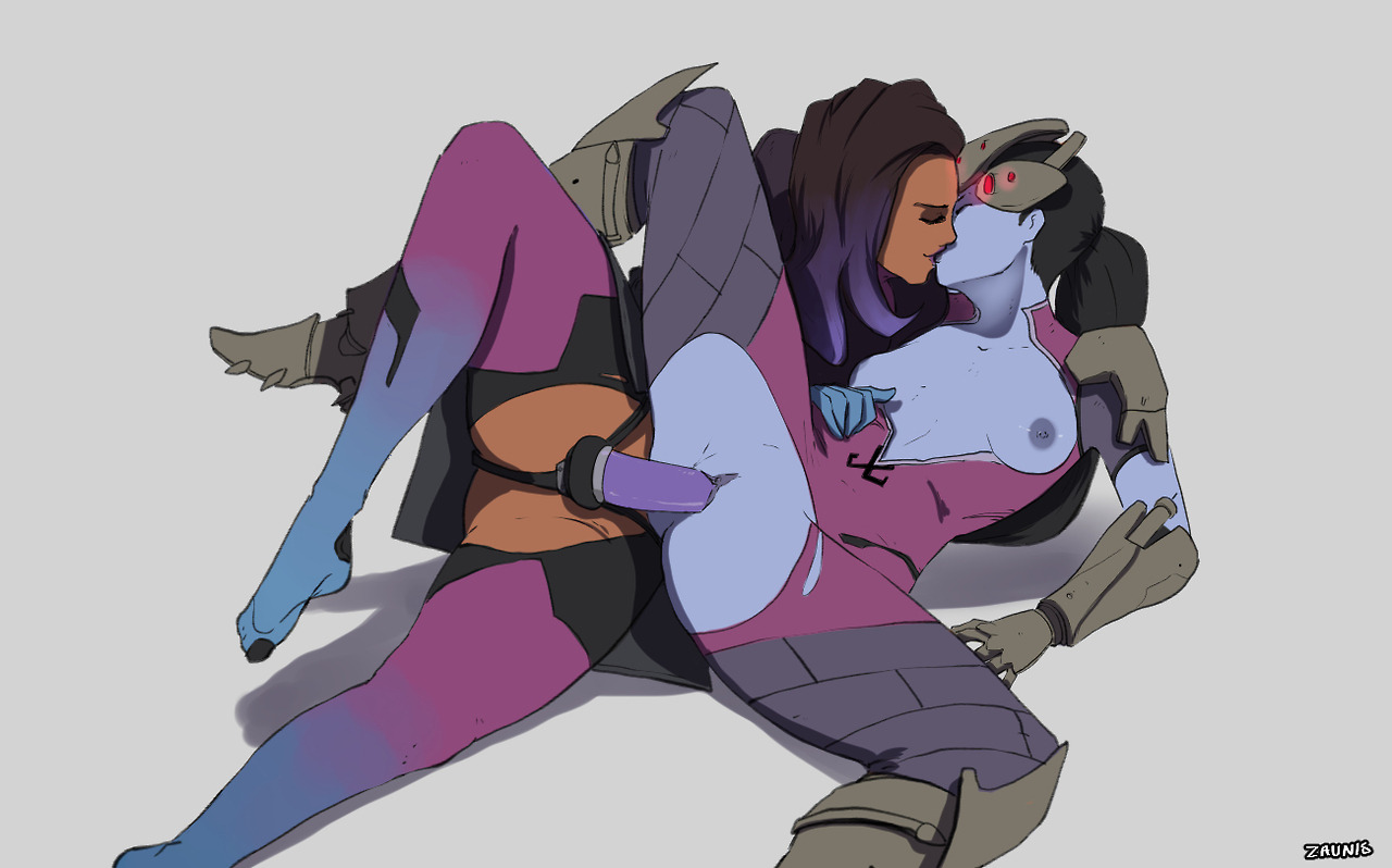 ass, black hair, breasts, closed eyes, clothing, duo, female, kissing, long hair, open mouth, overwatch, penetration, pussy, sex, sombra, spread legs, strap-on, strapon, vaginal penetration, widowmaker, yuri, zaun-derground