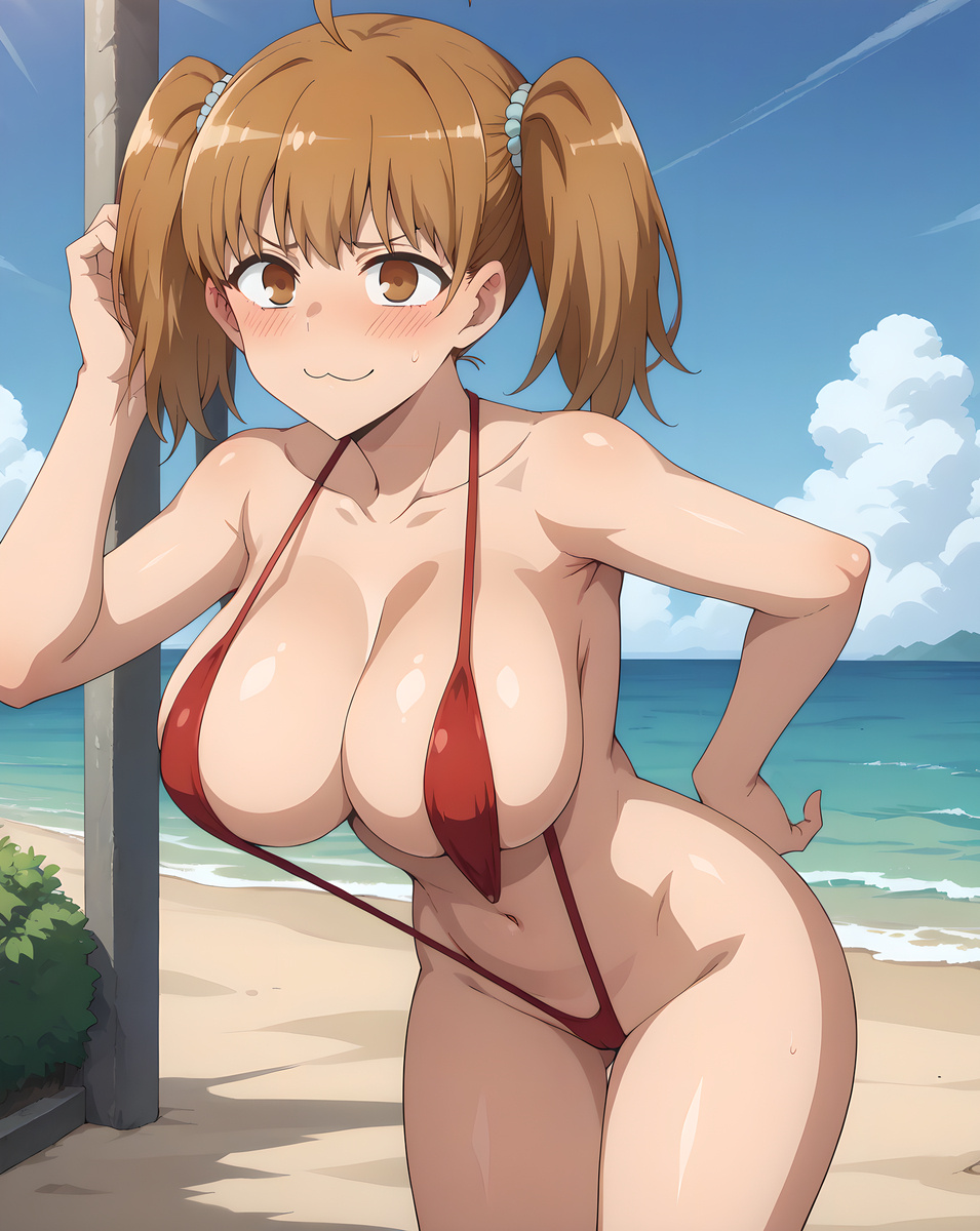 1girls ahoge ai_generated beach big_breasts blush brown_eyes brown_hair curvaceous curvy_female female hair_ornament hand_on_hip huge_breasts large_breasts light-skinned_female light_skin looking_at_viewer navel outdoors please_don't_bully_me,_nagatoro sling_bikini slingshot_swimsuit solo standing subaruarm sweatdrop swimsuit twintails voluptuous voluptuous_female yoshi_(nagatoro)