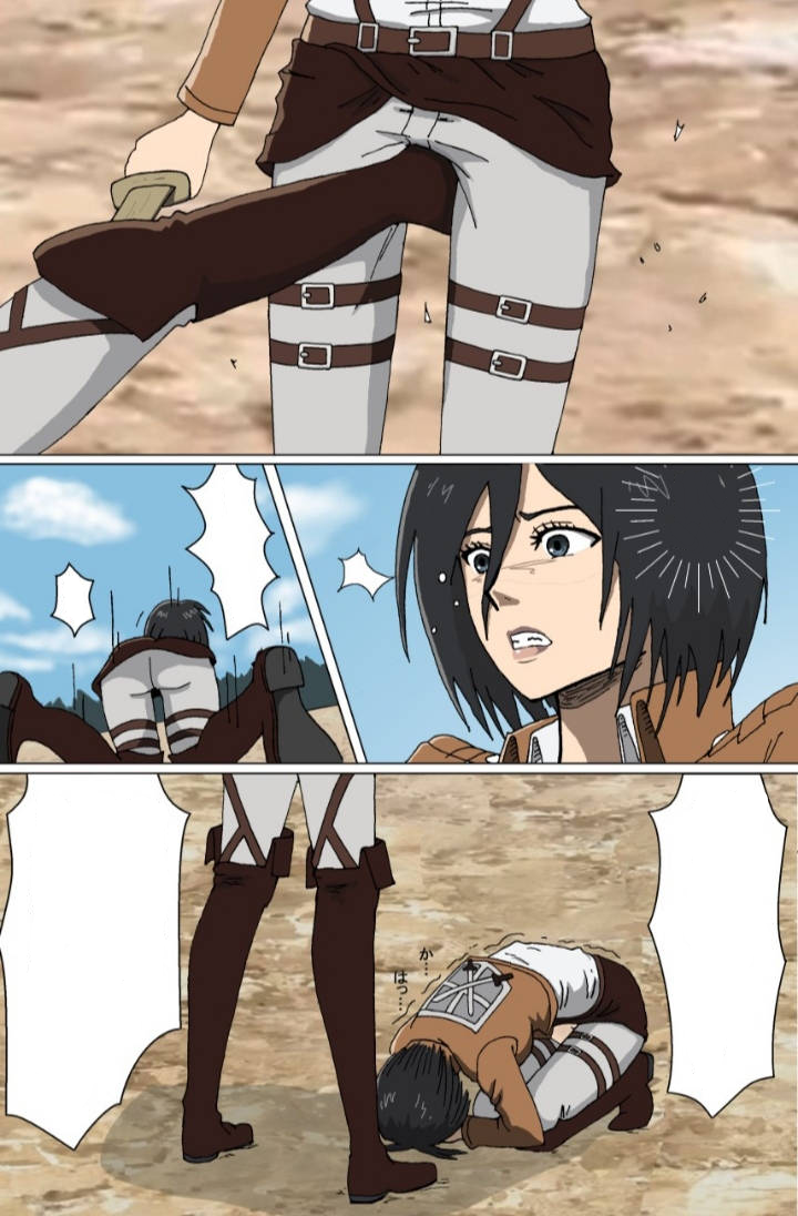 annie_leonhardt attack_on_titan crotch_kick cuntbusting mikasa_ackerman tagme