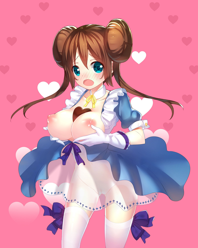 bad id, blue eyes, blush, breasts, brown hair, double bun, dress, female, female only, gloves, human, large breasts, long hair, nintendo, nipples, pokemon, pokemon bw2, ririko (zhuoyandesailaer), rosa (pokemon), simple background, solo, thighhighs, tied hair, twintails