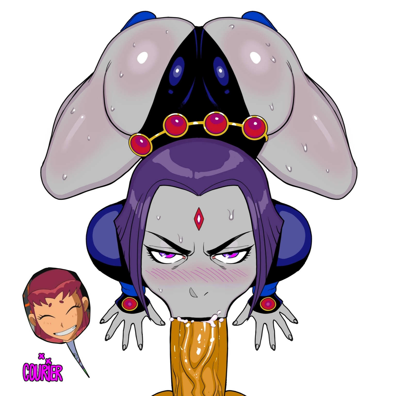 :>=, 1futa, 1girls, alien, alien futa, angry, angry face, big breasts, big penis, blowjob, breasts, courier art, cum, cum in mouth, duo, erection, eye contact, fellatio, female, female focus, futa on female, futanari, high-angle view, humanoid, humanoid penis, intersex, looking at viewer, oral, orange skin, penis, purple hair, raven (dc), sex, standing, starfire, tamaranean, teen titans