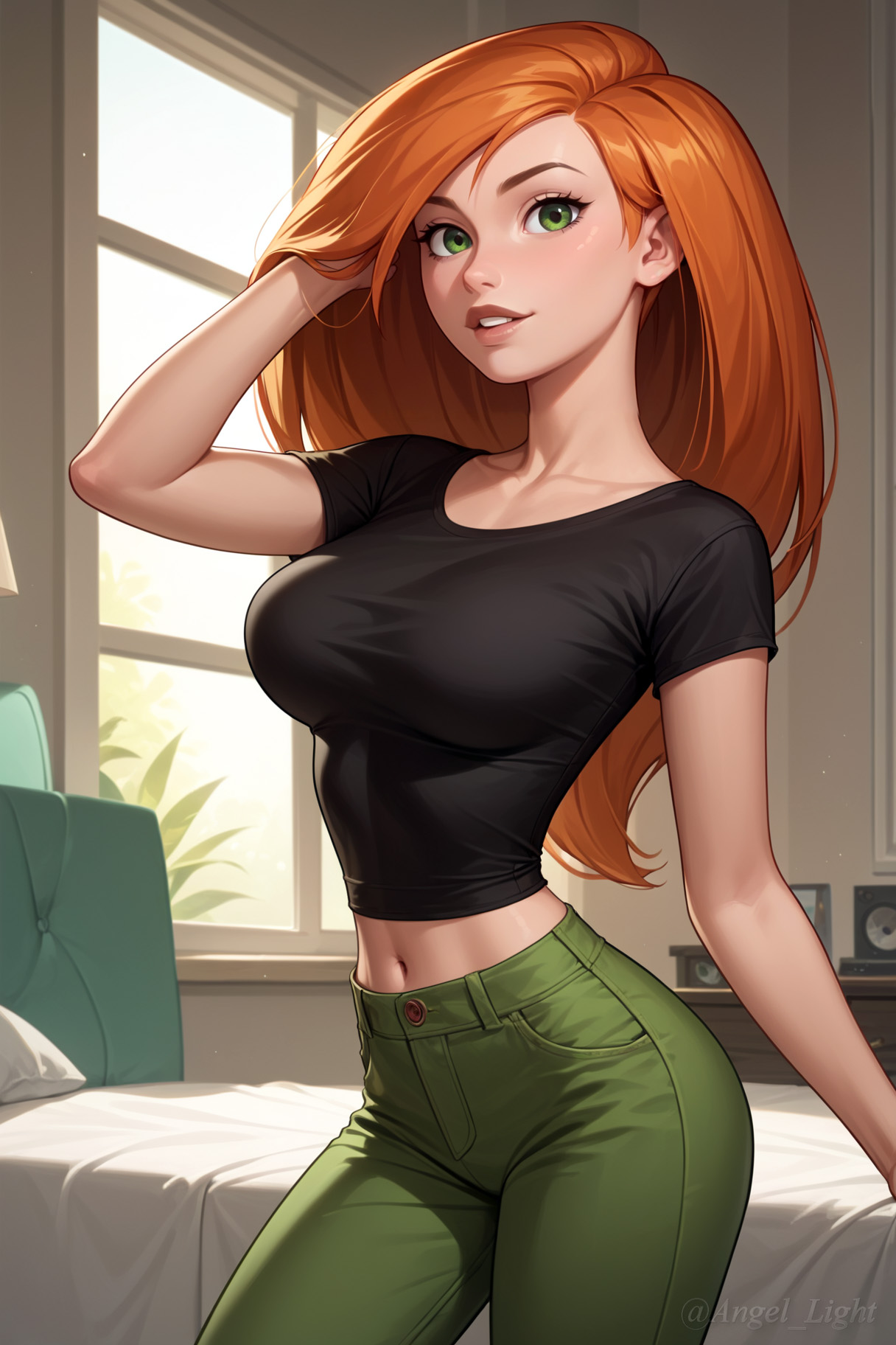 1girls, ai generated, angel light, angel light (artist), breasts, disney, disney channel, female, green eyes, kim possible, kimberly ann possible, medium breasts, navel, orange hair
