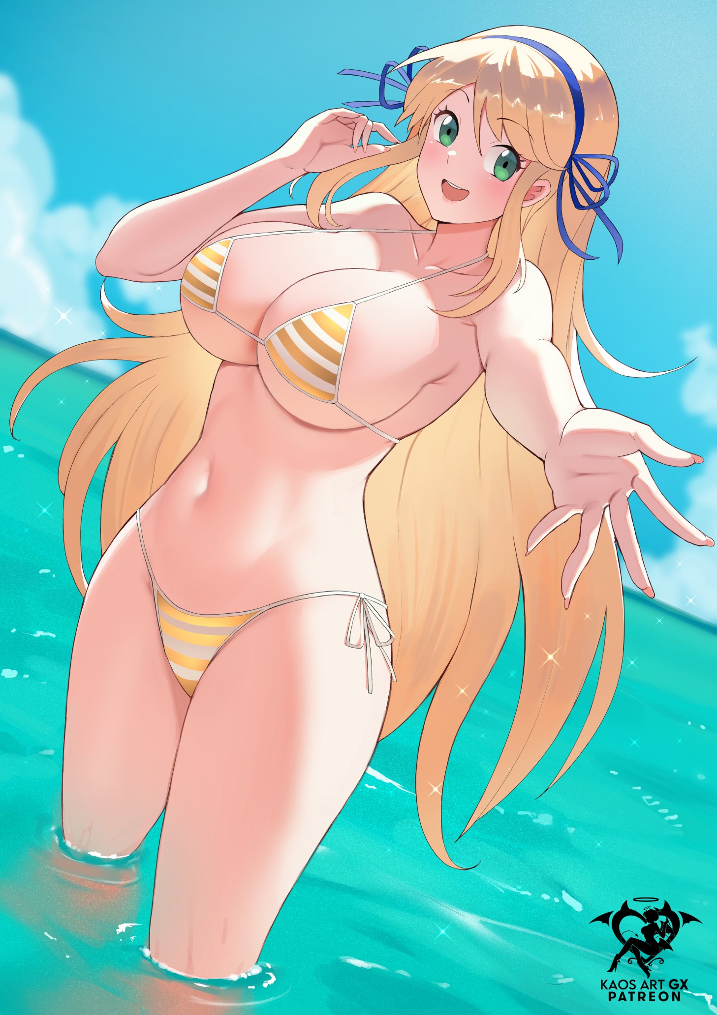1girls, bikini, blonde hair, breasts, cleavage, female, female only, green eyes, kaos art, katsuragi (senran kagura), marvelous, open mouth, revealing clothes, senran kagura, skimpy clothes, solo, swimsuit, tagme, water