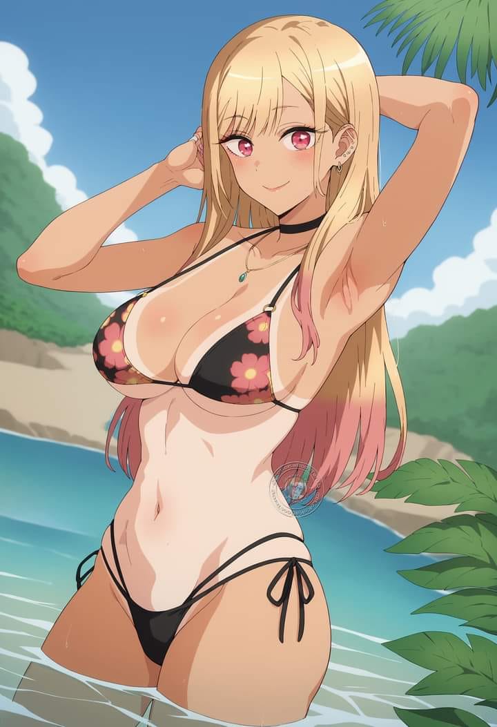 1girls, ai generated, arm up, armpit crease, beach, big breasts, bikini, blonde hair, breasts, choker, cleavage, ear piercing, female, female only, gyaru, human, kitagawa marin, looking at viewer, multicolored hair, navel, red eyes, slim waist, smiling at viewer, solo, sono bisque doll wa koi wo suru, tan skin, tan-skinned female, thighs