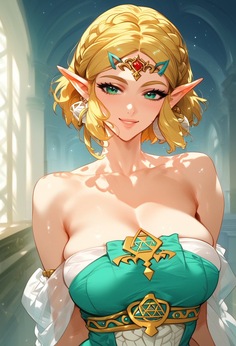 1girls, ai generated, blonde hair, braid, breasts, bust, cleavage, female, focus, green eyes, looking at viewer, pointy ears, princess zelda, smile, solo, tears of the kingdom, the legend of zelda, zelda (tears of the kingdom)