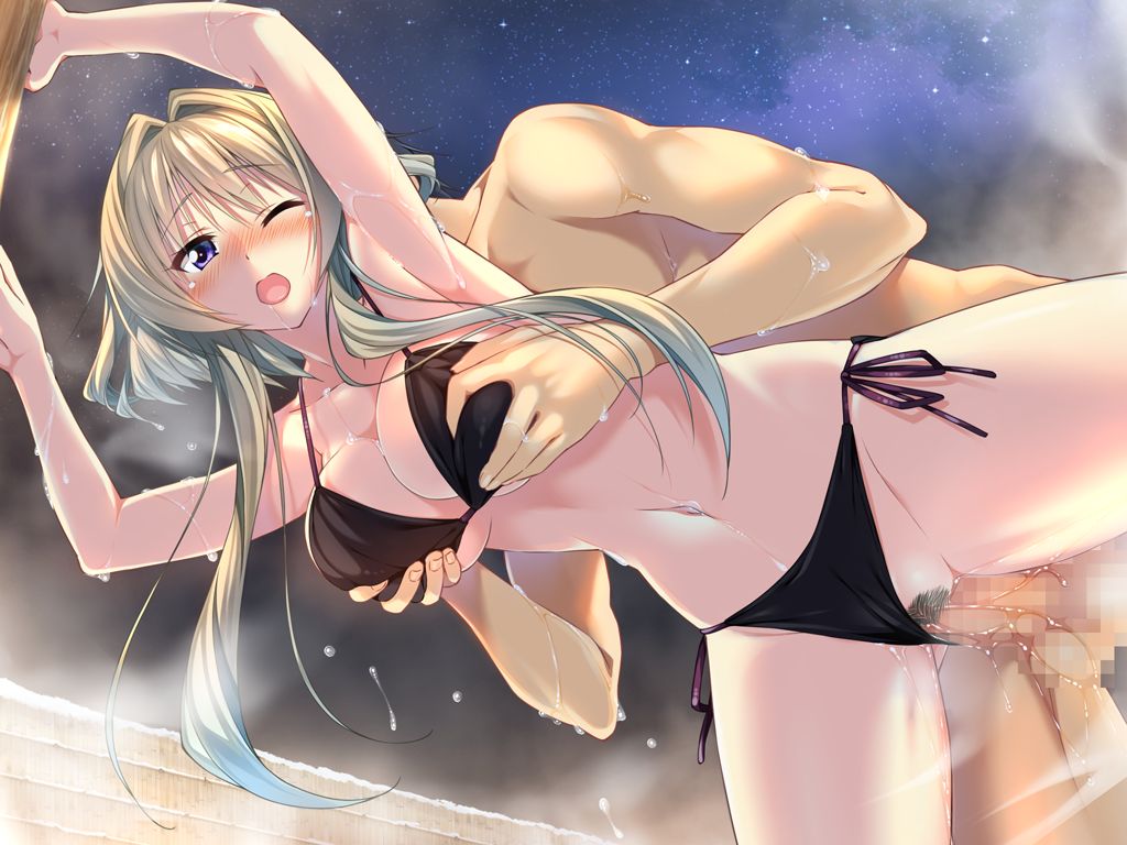 amakano armpits bent_over bikini bikini_aside blonde_hair blush breast_grab breasts censored female from_below game_cg highres huge_breasts kanbayashi_mizuki legs long_hair looking_at_viewer navel night open_mouth penis piromizu pubic_hair purple_eyes sex sky stars steam sweat thighs vaginal_penetration wince