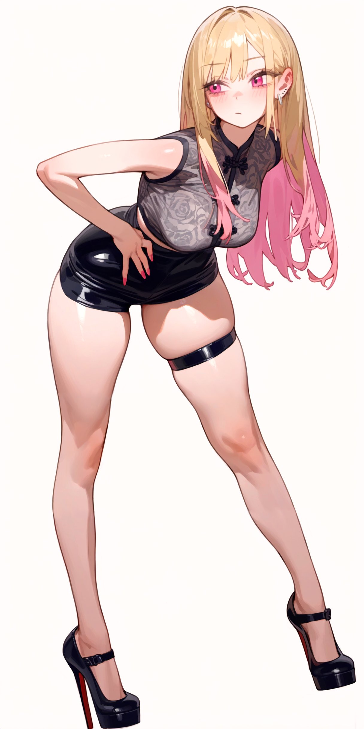 1girls, ai generated, bent over, blonde hair, eatsleep1111, female, female only, high heels, human, kitagawa marin, leaning forward, long hair, long legs, nail polish, pink eyes, pink hair, pink nails, shorts, solo, sono bisque doll wa koi wo suru, stiletto heels, teenager, thick thighs, thigh strap, tight clothing, tight fit, two-tone hair, very high heels