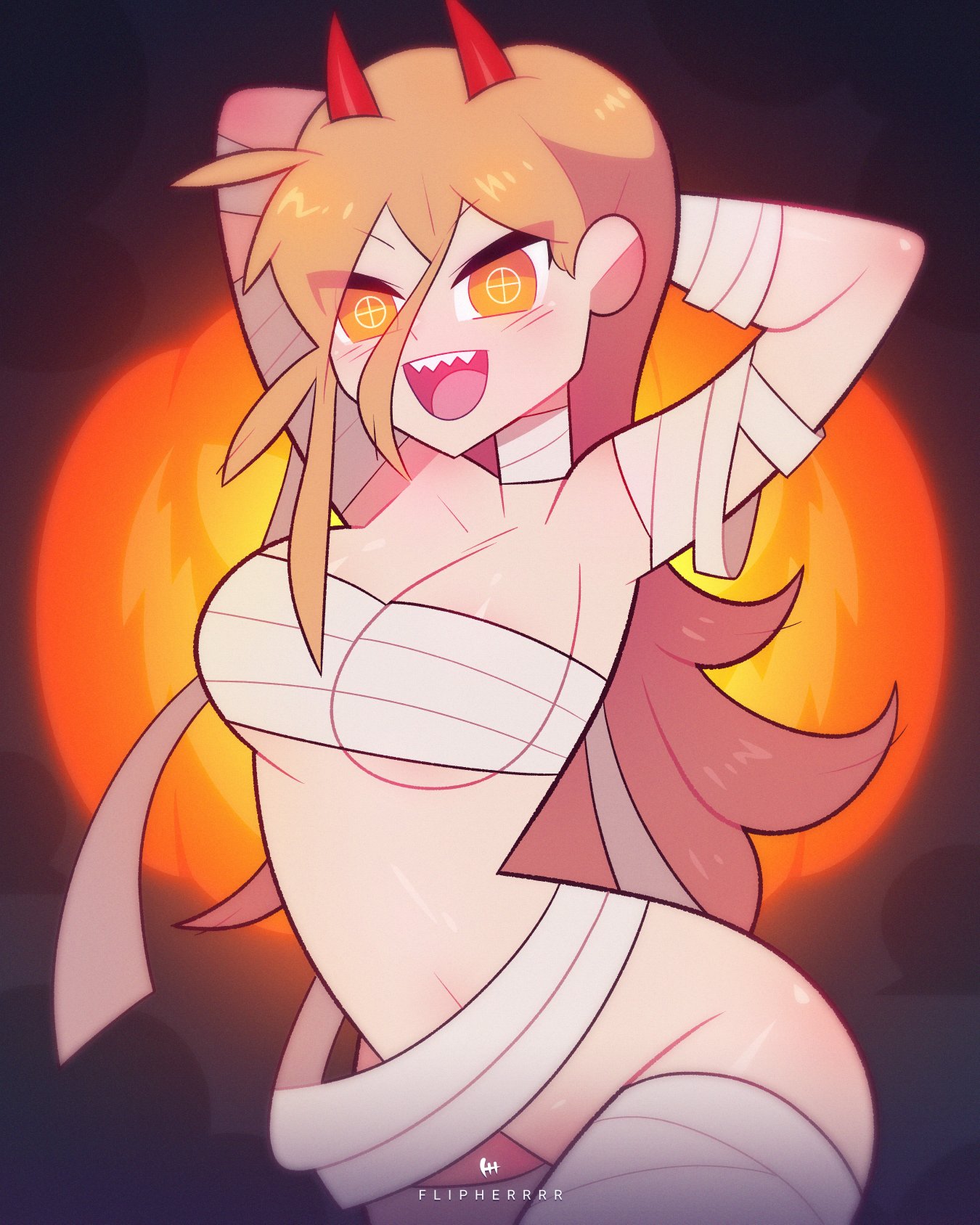 1girls, armpits, arms behind head, arms up, blush, chainsaw man, costume, demon, demon girl, demon horns, female, flipherrrr, fliphrrr, halloween, horns, long hair, mummy, orange eyes, orange hair, power (chainsaw man), pumpkin, sharp teeth, solo, solo female, thighhighs
