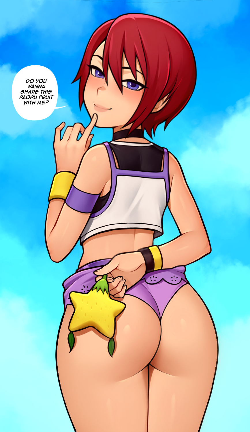 1girls ass ass_focus blush choker cowboy_shot cute disney english_text from_behind fruit hi_res kairi kingdom_hearts light-skinned_female loodncrood looking_at_viewer looking_back midriff miniskirt panties purple_eyes purple_panties red_hair seductive short_hair sidelocks skirt skirt_lift smile solo speech_bubble square_enix standing talking_to_viewer tank_top teenager undershirt