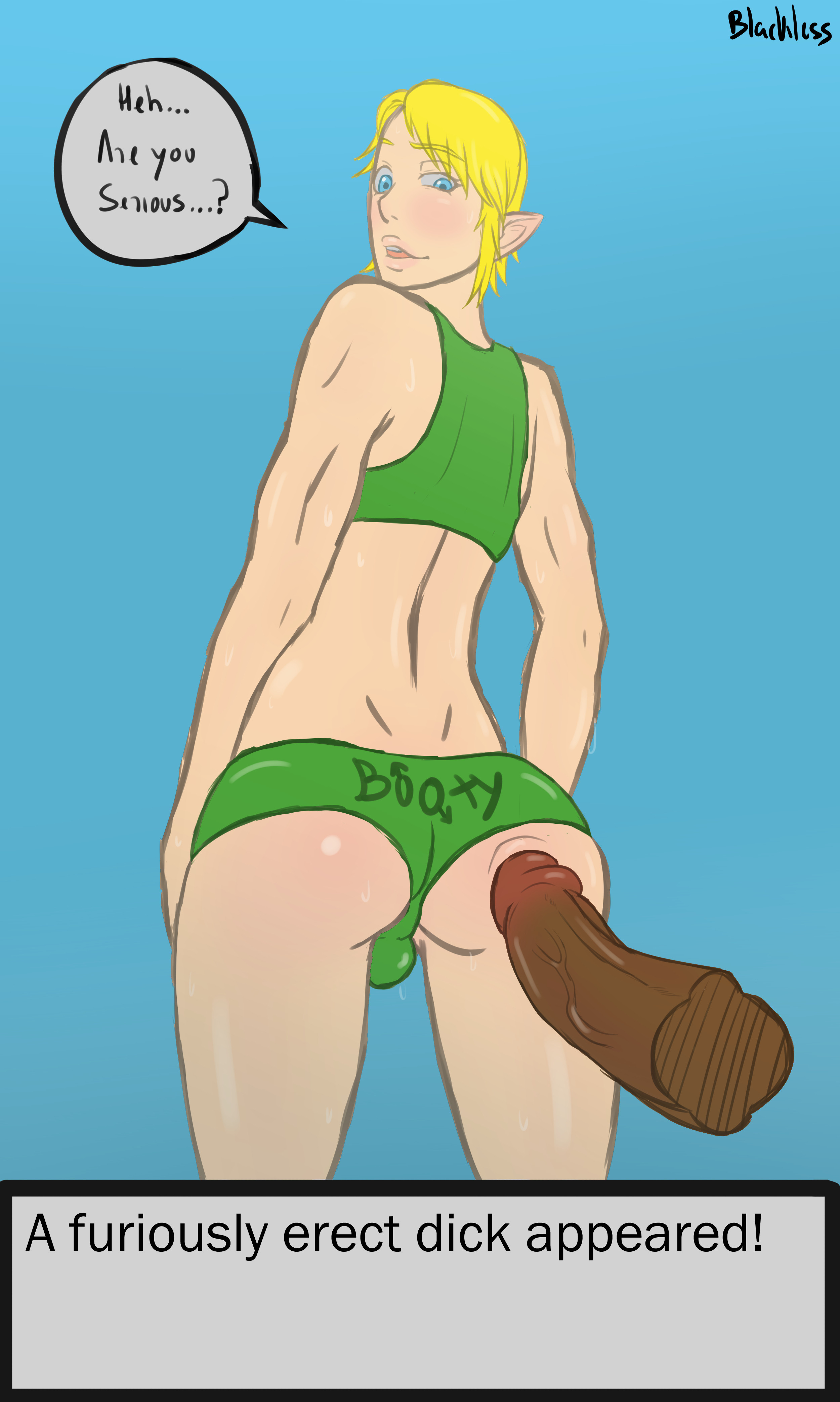 ass, balls, blackless, blonde hair, blue eyes, brown skin, dark skin, dark-skinned male, dialogue, disembodied penis, gameplay mechanics, gay, hips, hotpants, interracial, light skin, light-skinned femboy, light-skinned male, link, lips, male, male only, multiple males, nintendo, pale skin, pale-skinned male, penis, pointy ears, testicles, text, the legend of zelda, trap, video games, western art, yaoi