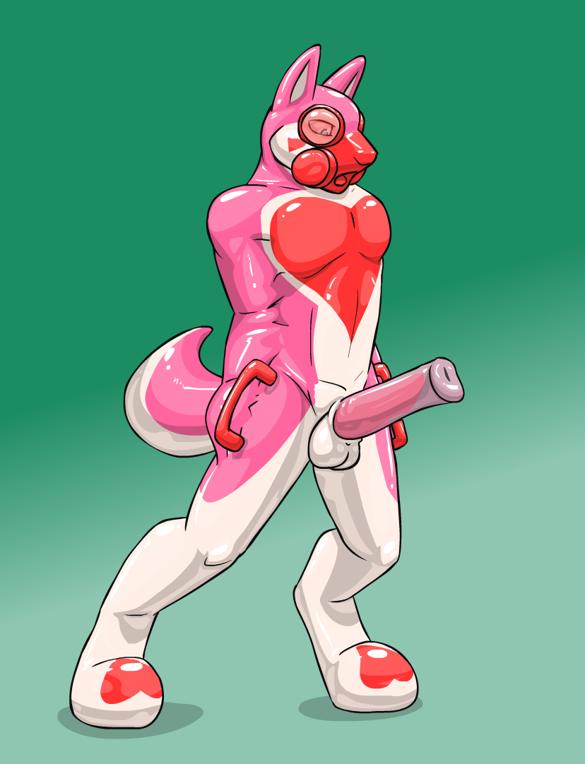 2015 animal_genitalia anthro balls blue_eyes bondage bound canine endium erection heart horsecock male male_only mammal mask open_mouth penis pink_skin plain_background red_skin rubber_suit solo standing white_skin