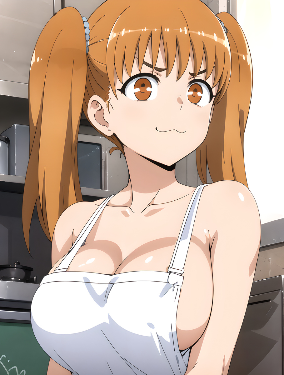 ai_generated apron big_breasts brown_eyes brown_hair curvaceous curvy_female huge_breasts large_breasts light-skinned_female light_skin please_don't_bully_me,_nagatoro subaruarm twintails voluptuous voluptuous_female yoshi_(nagatoro)