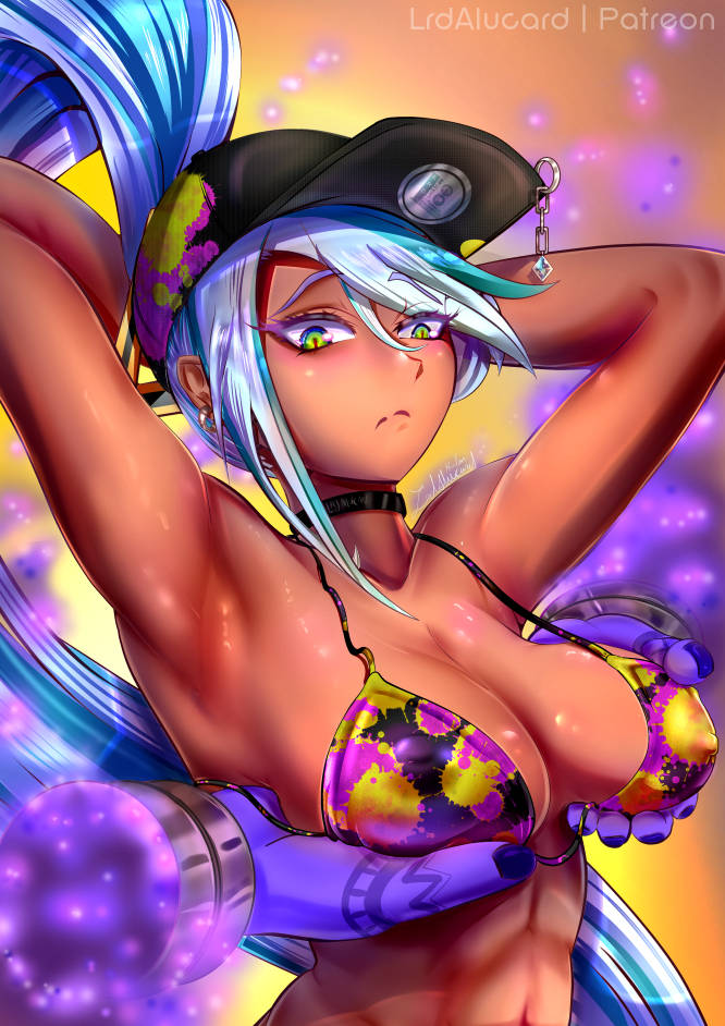 abs armpits arms_up athletic athletic_female big_breasts bikini blue_hair breasts busty cap choker dark-skinned_female dark_skin disembodied_hand erect_nipples female female_focus female_only green_eyes grope groping groping_breasts groping_from_behind hands_behind_head hat hourglass_figure isla_(kof) king_of_fighters king_of_fighters_xv long_hair lrdalucard makeup navel nipple_bulge pinup pinup_pose ponytail shiny_skin snk tagme toned toned_female