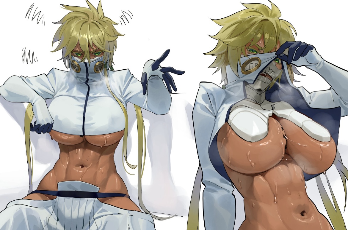 abs, ass, big ass, big breasts, bleach, blonde hair, breasts, dark skin, female, gloves, green eyes, long hair, nia (nia4294), sweaty, sweaty body, tia harribel, underboob, very sweaty