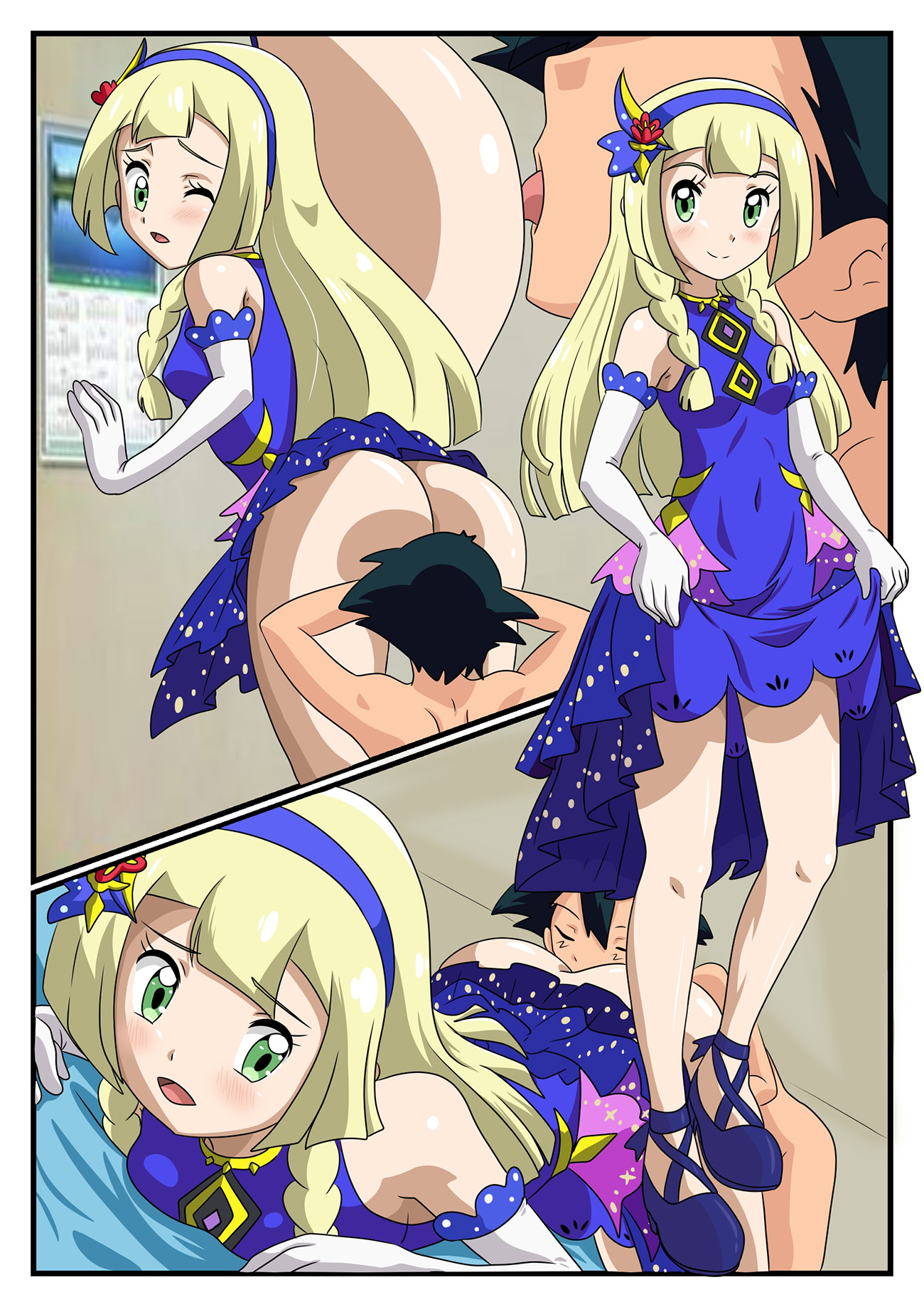anniversary lillie (pokemon masters), anus, ash ketchum, ass, black hair, blonde hair, blush, clothed female, cunnilingus, dress, dress lift, eating pussy, exposed shoulders, female, green eyes, hair ornament, hairband, licking pussy, lillie (pokemon), long hair, male, naked, naked male, navel, navel visible through clothes, pokemon, pokemon masters, pokemon sm, pussy, satoshi (pokemon), sesshoalex, thick