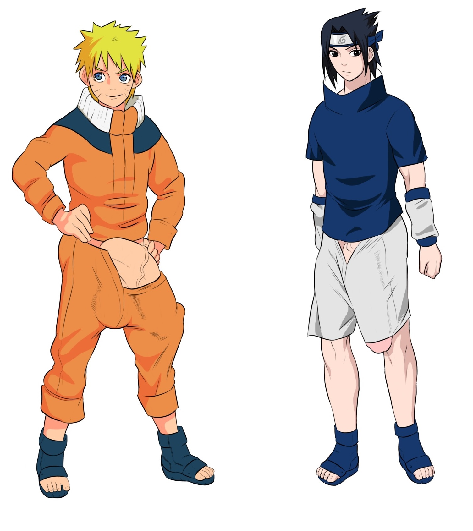 2boys, big penis, bulge, clothing, flaccid, front view, full body, hair, hand on hips, headband, huge cock, huge penis, human, hyper, hyper penis, jay-marvel, male, male only, multiple males, naruto, naruto (series), penis, penis through leghole, sasuke uchiha, toeless footwear, uzumaki naruto, white background