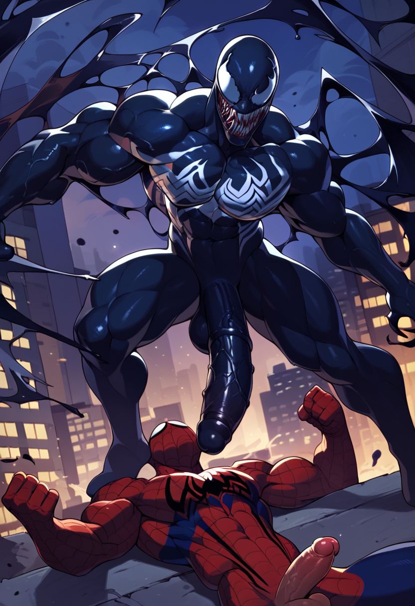 2024, 2boys, ai generated, balls, big penis, black body, gay, male, male only, marvel, marvel comics, nai diffusion, penis, spider-man, spider-man (series), stable diffusion, superhero, supervillain, symbiote, testicles, venom, venom (marvel), yaoi