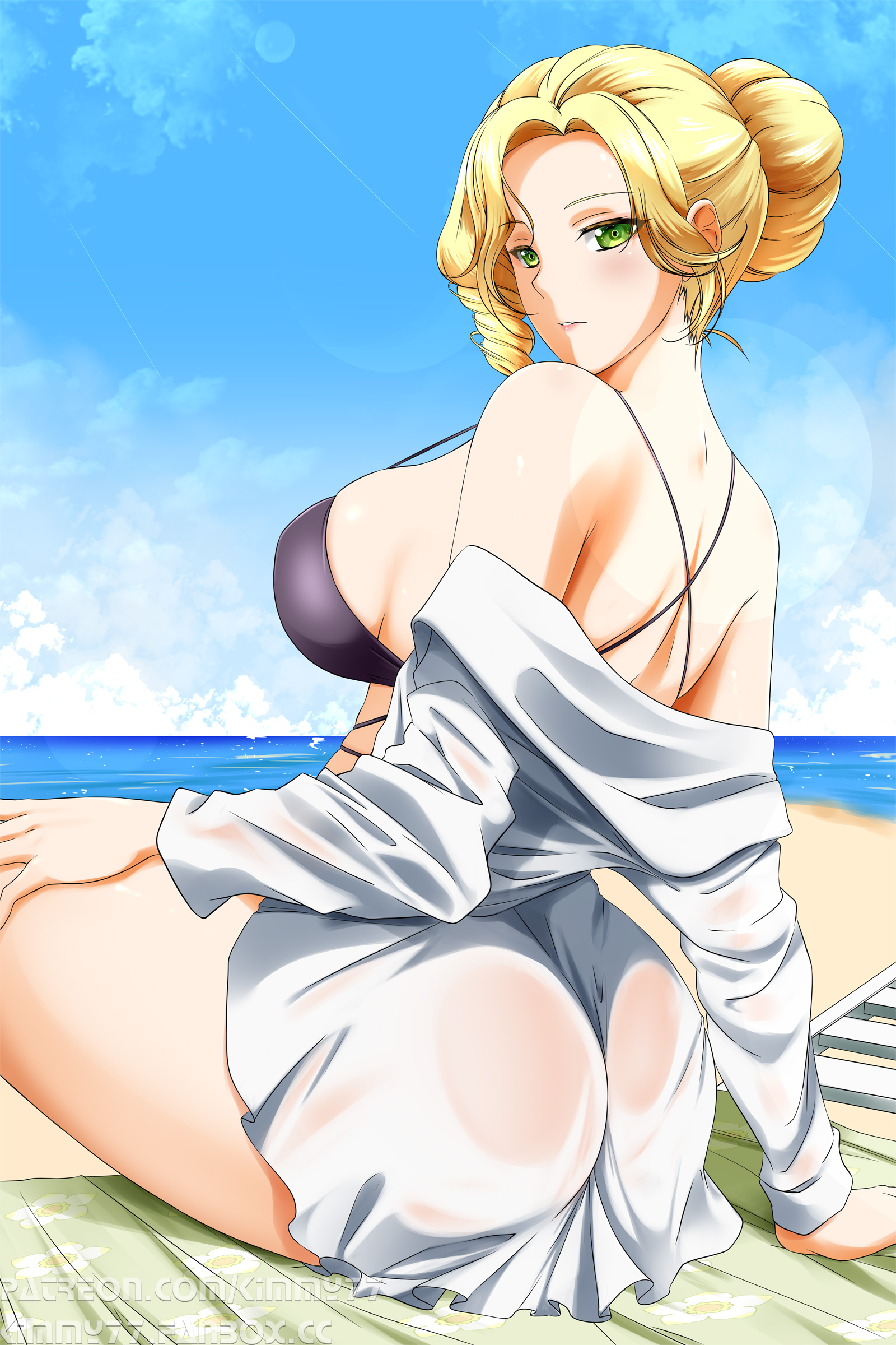 1girls, 2:3, alternate version available, ass, beach, beach chair, big ass, big breasts, bikini, bikini top, black bikini, blonde hair, blue sky, breasts, cloud, female, female only, glynda goodwitch, green eyes, hair, hair bun, huge ass, kimmy77, large ass, large breasts, looking at viewer, looking back, mature, mature female, milf, open shirt, rwby, shirt, shoulders, sideboob, solo, solo female, swimwear, thick thighs, thighs, topwear, water, white shirt