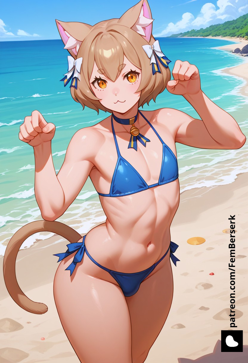 1boy :3 ai_generated beach bikini blue_bikini bow brown_hair bulge cat_boy cat_ears cat_pose cat_tail catboy choker collar felix_argyle femberserk femboy feminine_male girly inner_ear_fluff kemonomimi light-skinned_male light_skin male male_only nekomimi otoko_no_ko outdoors patreon penis_in_bikini penis_in_swimsuit re:zero_kara_hajimeru_isekai_seikatsu ribbon short_eyebrows shorts side-tie_bikini sissy solo trap yellow_eyes