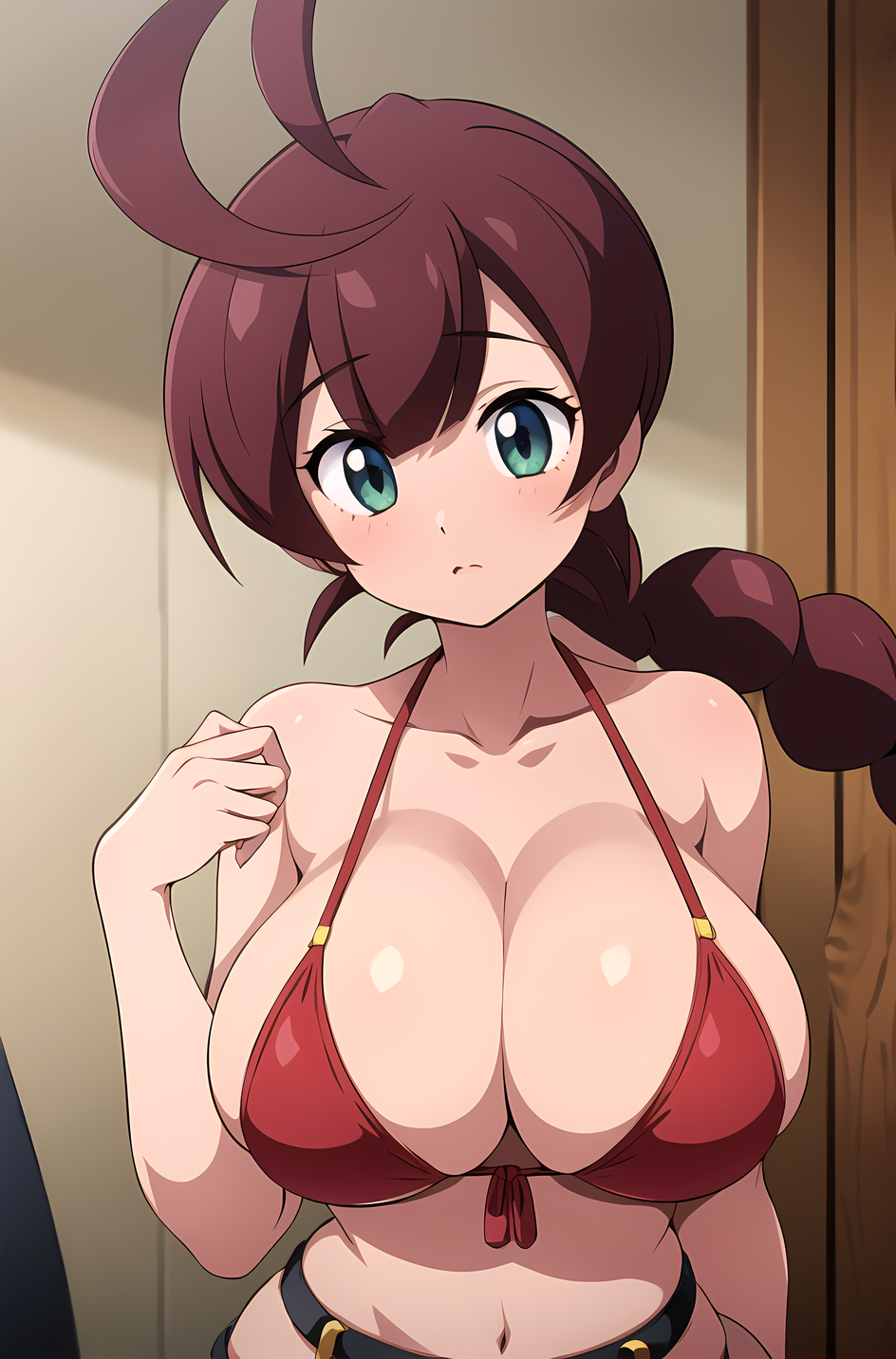 1girls ai_generated big_breasts bikini breasts chloe_(pokemon) cleavage collarbone female female_focus female_only green_eyes nintendo pokemon pokemon_journeys purple_hair red_bikini red_bikini_top ryuzam solo