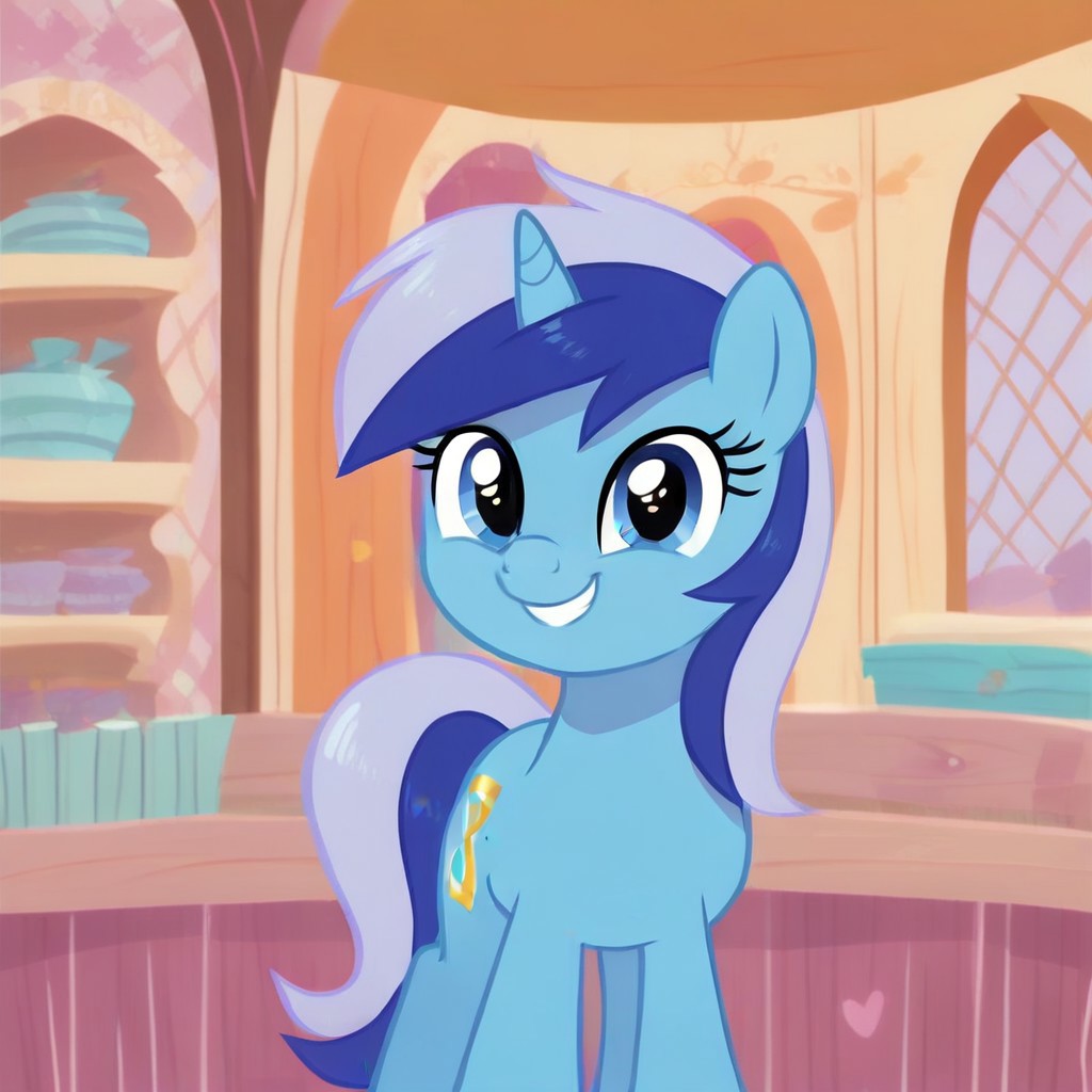 ai_generated blue_fur friendship_is_magic looking_at_viewer minuette_(mlp) my_little_pony smiling solo two_tone_hair unicorn