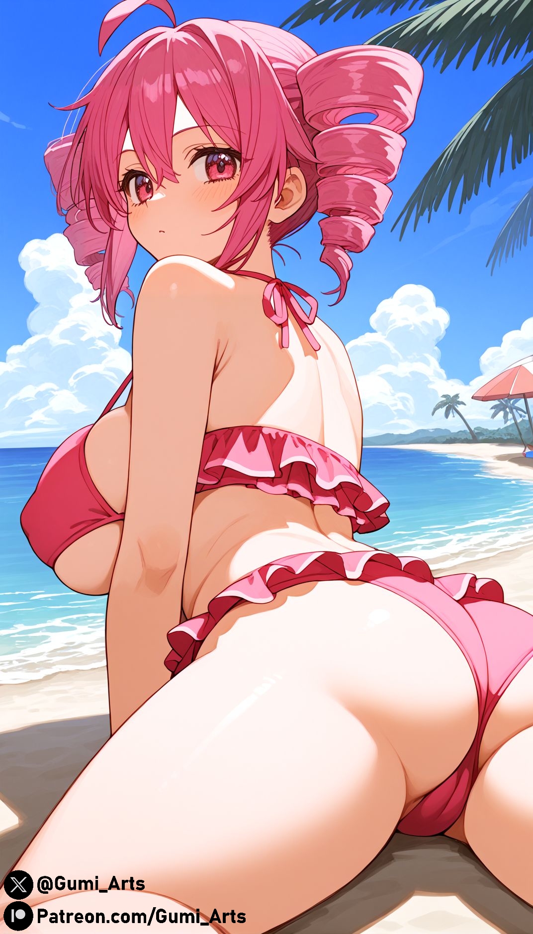 ai generated, ass, beach, bikini, breasts, covered nipples, covered pussy, drill hair, female, frilled bikini, gumi arts, kasane teto, large breasts, looking at viewer, looking back, ocean, on stomach, palm tree, pink eyes, pink hair, pussy, sand, short hair, stable diffusion, thick thighs, twin drills, utau