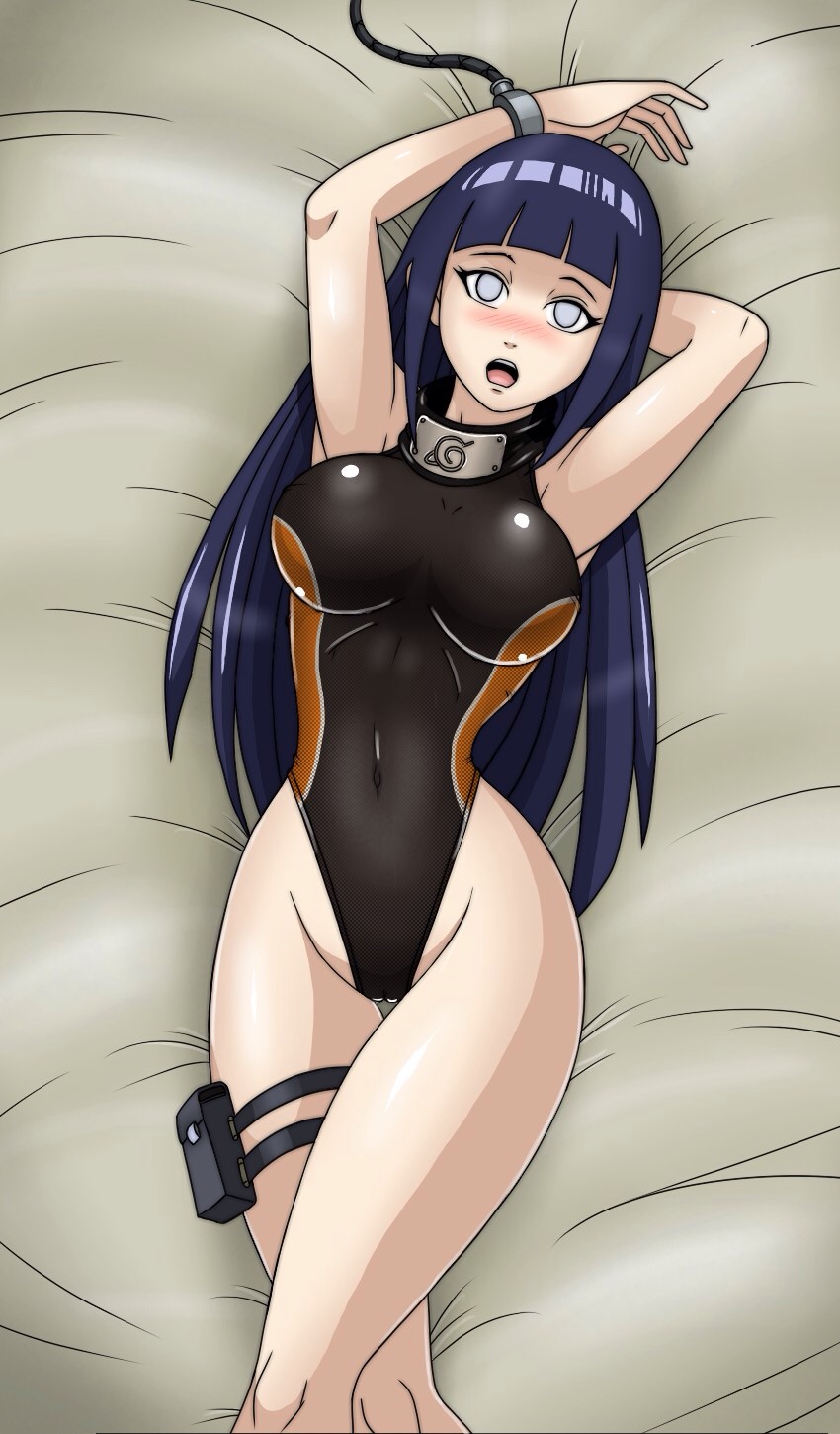 1girls blue_hair blush breasts cameltoe clothed_navel deadmoon female female_only highres human hyuuga_hinata large_breasts long_hair lying naruto on_back one-piece_swimsuit open_mouth shounen_jump solo solo_female swimsuit white_eyes