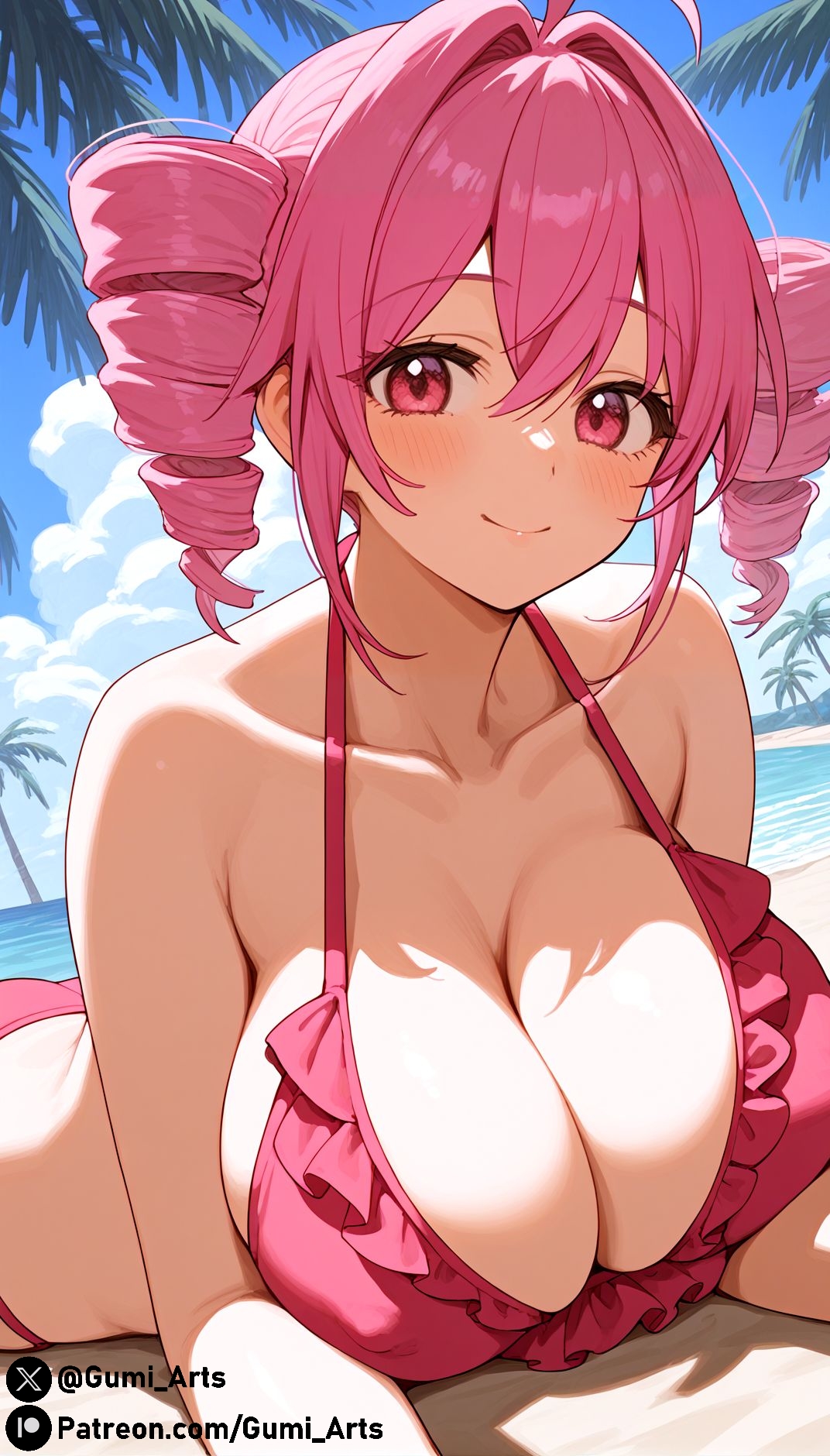 ai generated, beach, bikini, blush, breast press, breasts, cleavage, covered nipples, drill hair, female, frilled bikini, gumi arts, kasane teto, large breasts, ocean, on stomach, palm tree, pink eyes, pink hair, pov, sand, short hair, smile, stable diffusion, thick thighs, twin drills, utau