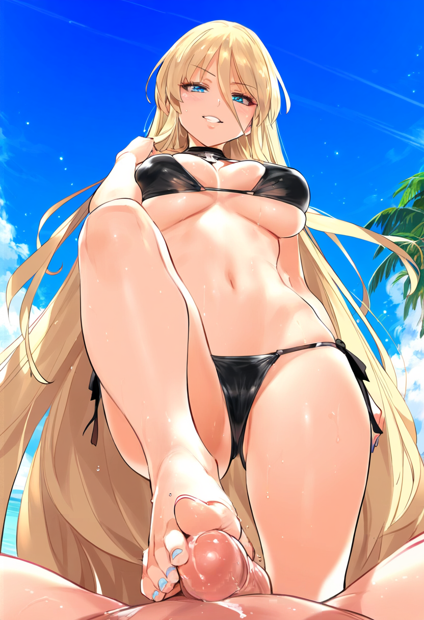 1boy 1girls ai-created ai_generated ashikoki bangs bare_shoulders barefoot beach bikini bikini_bottom bismarck_(kantai_collection) black_bikini black_choker black_swimsuit blonde_hair blue_eyes blue_nails blue_sky blush breasts choker clothed_female clothed_female_nude_male clothing cloud day feet female foot_focus grin hair_between_eyes high_resolution jewelry kantai_collection large_breasts legs long_hair looking_at_viewer male nail_polish navel nipples nude nude_male ocean open_mouth outdoors palm_tree parted_lips penis pov side-tie_bikini_bottom side-tie_clothing side-tie_swimsuit sitting sky smile soles solo_focus spread_legs standing stomach straight string_bikini sweat swimsuit thighs toenail_polish toenails toes tree uncensored underboob very_long_hair