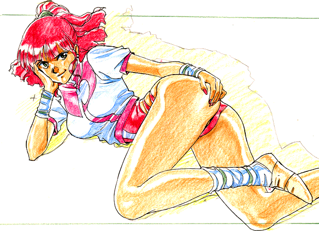 ass bubble_butt busty female female_focus female_only gainax green_eyes gunbuster hourglass_figure jung_freud leotard long_hair pinup pinup_pose ponytail red_hair sketch tagme thong_leotard wide_hips