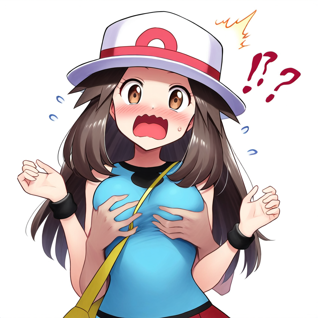 1girls ?! ai_generated blue_shirt boob_grab breast_grab brown_hair groped_from_behind groping hat leaf_(pokemon) long_hair molestation novelai open_mouth pokemon pokemon_frlg self_upload surprised wavy_mouth