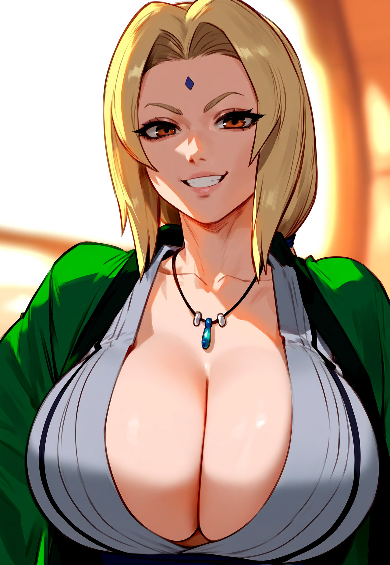 1girls, ai generated, bangs, blonde hair, blurry, blurry background, boruto: naruto next generations, breasts, brown eyes, clavicle, cleavage, clothing, curvaceous, curvaceous female, curvaceous figure, facial mark, female, female focus, female only, floxin, forehead mark, grin, haori, huge breasts, jewelry, kimono, large breasts, long hair, looking at viewer, low ponytail, mature female, mommy, naruto, naruto (series), naruto shippuden, necklace, parted bangs, shiny, smile, smiling at viewer, solo, teeth, tsunade, upper body, voluptuous, voluptuous female