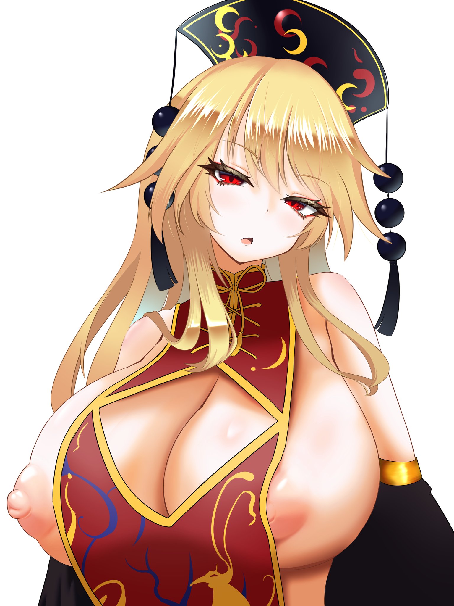 1girls, alternate version available, areolae, big breasts, blonde hair, boob window, breasts, cleavage, clothed female, exposed nipples, female, hat, junko (touhou), light skin, light-skinned female, long hair, mature female, milf, nipple slip, nipples, nuekane, pink nipples, red eyes, sideboob, solo, solo female, touhou, white background