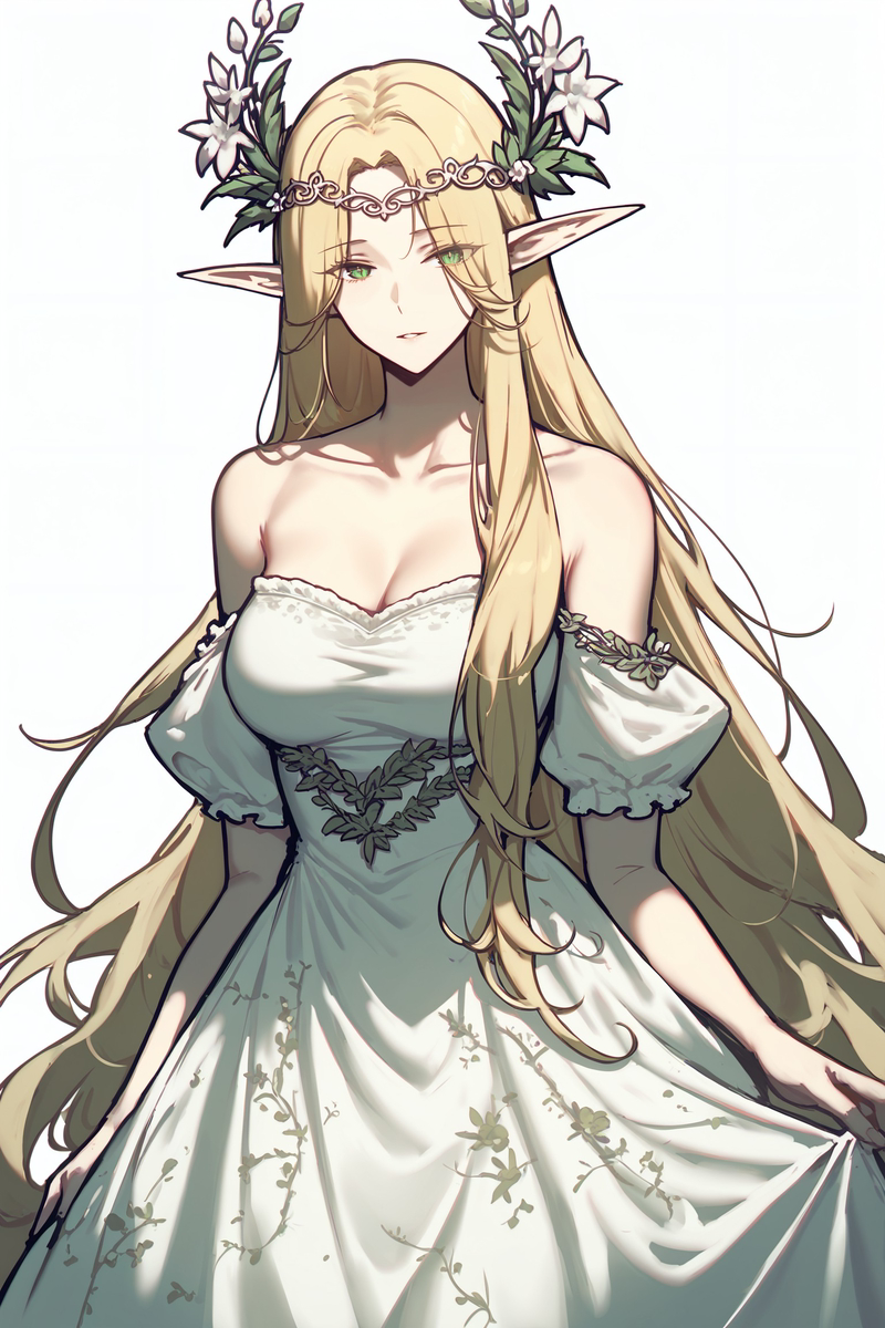 1girls ai_generated blonde_hair doom_breaker elf_ears elf_female flower_crown gown green_eyes large_breasts long_hair manhwa not_naked reincarnation_of_the_suicidal_battle_god silviesta solo_focus webtoon