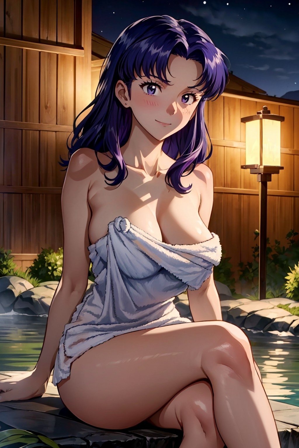 ai_generated druido female female_only misato_katsuragi nai_diffusion neon_genesis_evangelion onsen purple_hair solo stable_diffusion tagme