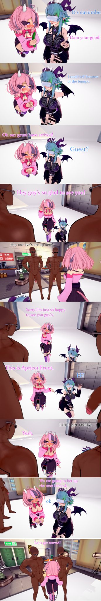 2boys 2girls blindfolded dark-skinned_male fico_chao froot green_hair horns ironmouse koikatsu light-skinned_female multicolored_hair naked_male on_knees penis_out pink_hair purple_eyes purple_hair studio succubus tan-skinned_female virtual_youtuber vshojo wings