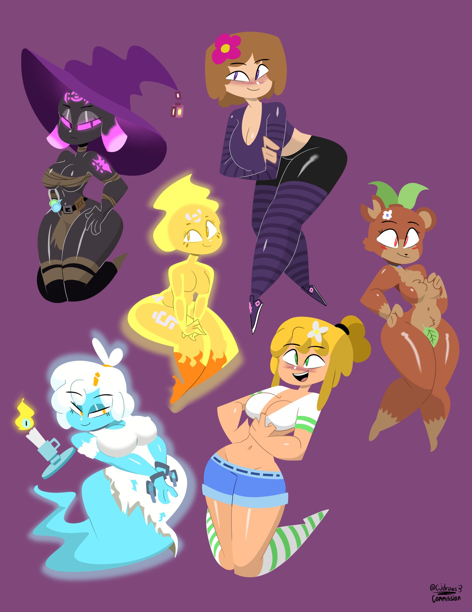 6girls, allie (slipperyt), amber green (slipperyt), bia prowell (slipperyt), blonde hair, breasts, brown hair, cjdraws 3, cleavage, clothed, clothed female, crop top, eyebrows visible through hair, female, female only, hair flower, hair ornament, hat, jenny belle (slipperyt), marie prowell (slipperyt), minecraft, multiple girls, navel, shiny skin, short hair, shorts, simple background, tagme, white hair, witch hat