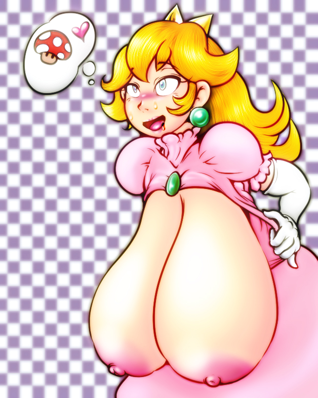 1girls a-c_(adobel57) blonde_hair blush breasts dress elbow_gloves fake_png female female_only gloves huge_breasts large_breasts mario_(series) mushroom nintendo nipples princess_peach solo super_mario_bros.