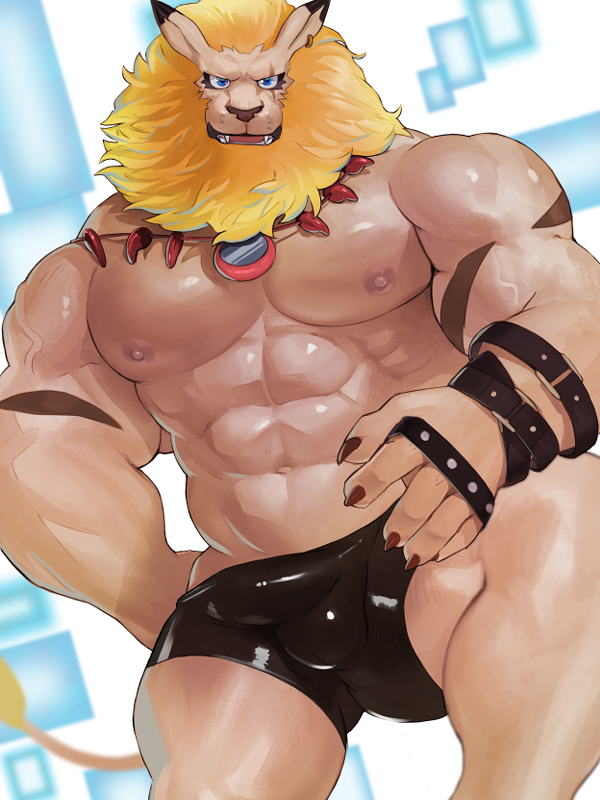 abs anthro bandai_namco belt blonde_hair blue_eyes briefs bulge clothing digimon digimon_(species) fug@9 hair leomon male male_focus male_only mane mane_hair muscular muscular_anthro muscular_male nipples pecs scar solo underwear