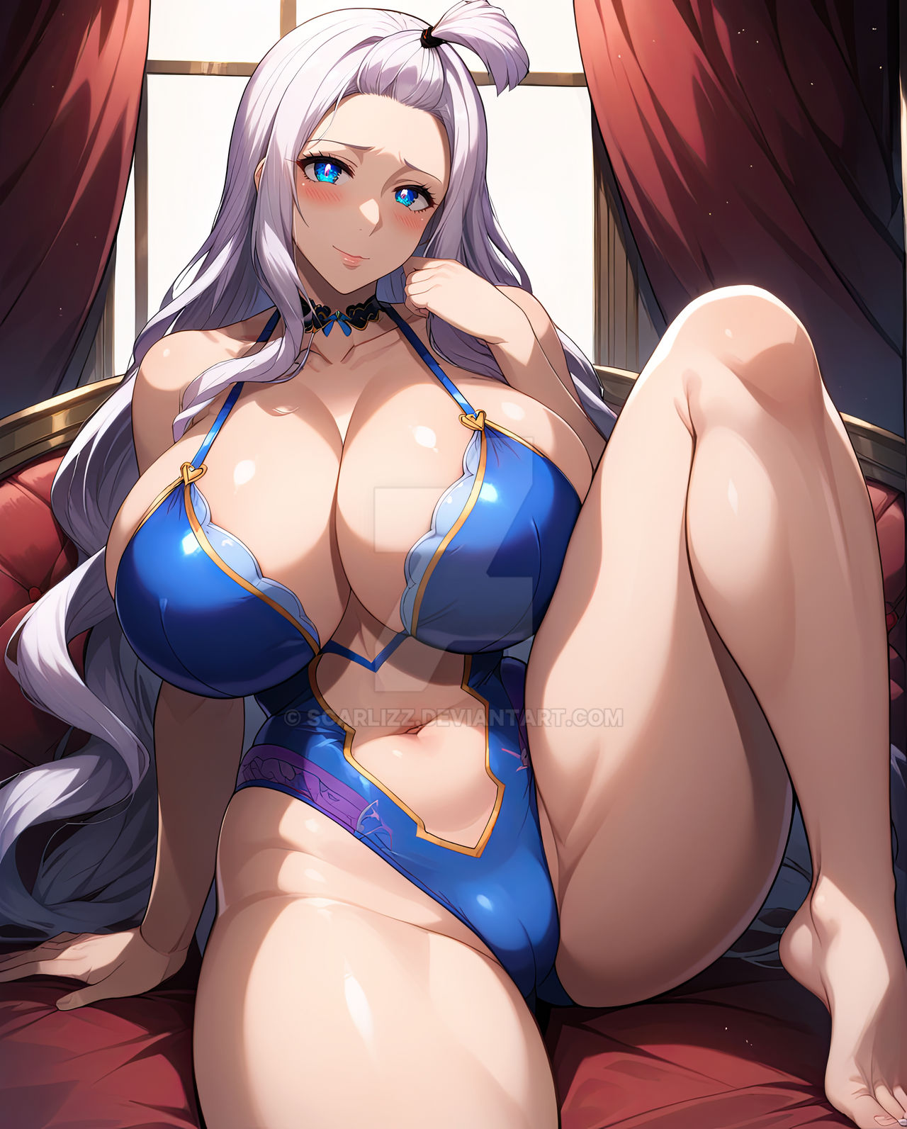 1girls ai_generated bedroom big_breasts blue_eyes cleavage curvaceous curvy_body eyes fairy_tail female female_focus female_only hair_tied large_breasts light-skinned light-skinned_female long_hair looking_at_viewer mirajane_strauss scarlizz smile smiling_at_viewer spread_legs thick thick_thighs white_hair