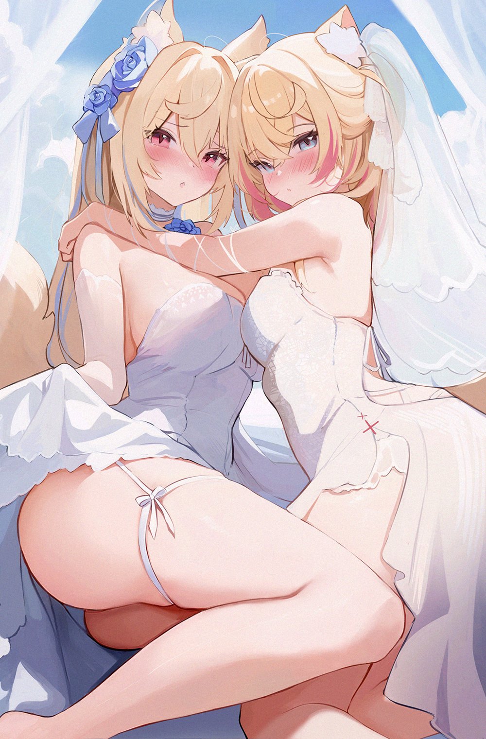 2d 2d_(artwork) 2girls alternate_costume animal_ears big_breasts blonde_hair blue_eyes blue_hair blush clouds day female female_focus female_only fuwamoco fuwawa_abyssgard hololive hololive_english hololive_english_-advent- koahri light-skinned_female light_skin long_hair looking_at_viewer mococo_abyssgard pink_eyes pink_hair short_hair side_view sisters sky slim_girl small_breasts two_tone_hair virtual_youtuber vtuber vtuberfanart wedding wedding_dress white_dress white_wedding_dress young younger_female