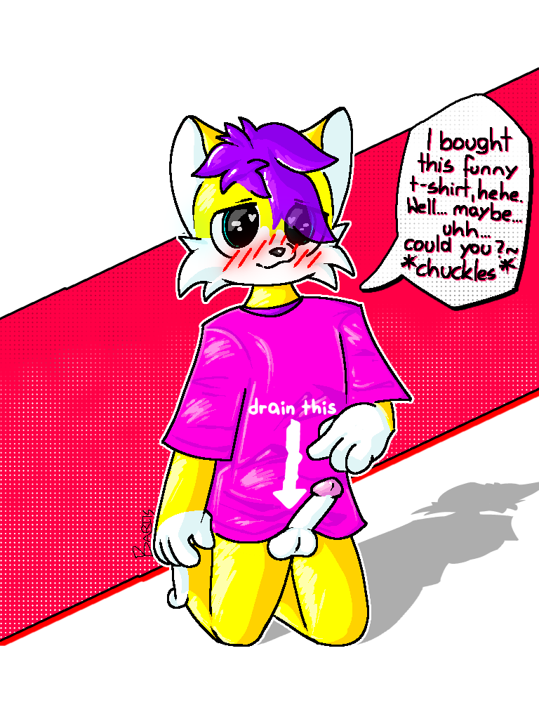 alpha_channel anthro balls bartis_(bartisthedoggie) bartisthedoggie blush blush_lines boxers_(clothing) bulge canid canine canis cel_shading clothing domestic_dog english_text fur genitals hair male mammal messy_hair penis pink_clothing pink_shirt pink_t-shirt pink_topwear purple_hair shaded shirt signature simple_background solo speech_bubble t-shirt text text_on_clothing topwear transparent_background underwear white_balls white_body white_fur yellow_body yellow_fur