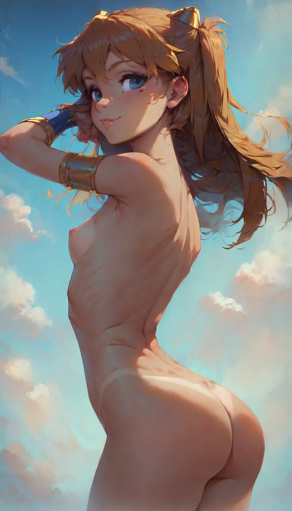 ai_generated arched_back armlet ass asuka_langley asuka_langley_sohryu back bangs blue_eyes blue_sky blush bodysuit bracer breasts brown_hair clothing cloud completely_nude cowboy_shot day female female_only from_behind gloves hairpods high_resolution interface_headset jewelry lips long_hair looking_at_viewer looking_back medium_breasts neon_genesis_evangelion nipples nude orange_hair outdoors parted_lips rebuild_of_evangelion sideboob sky small_breasts smile solo standing thighs tied_hair vagina