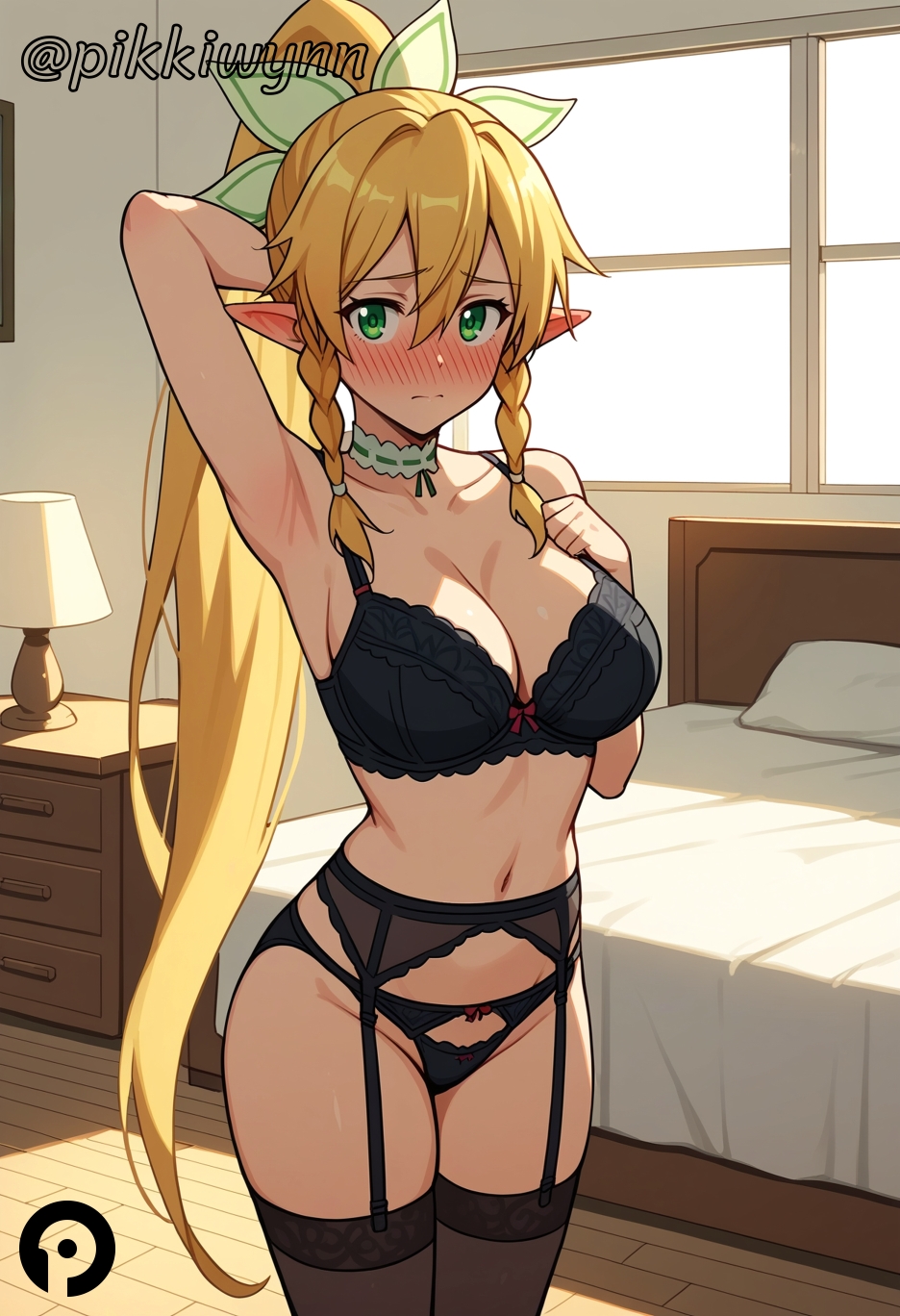 ai_generated arm_behind_head arm_up armpits bangs bed bedroom black_bra black_panties black_thighhighs blonde_hair blush bra braid breasts choker cleavage closed_mouth collarbone cowboy_shot female garter_belt green_eyes hair_between_eyes hair_ornament indoors kirigaya_suguha lamp large_breasts leafa lingerie long_hair looking_at_viewer navel nose_blush panties pikkiwynn pillow pointy_ears ponytail solo standing stomach sword_art_online thighhighs twin_braids underwear underwear_only very_long_hair white_choker window