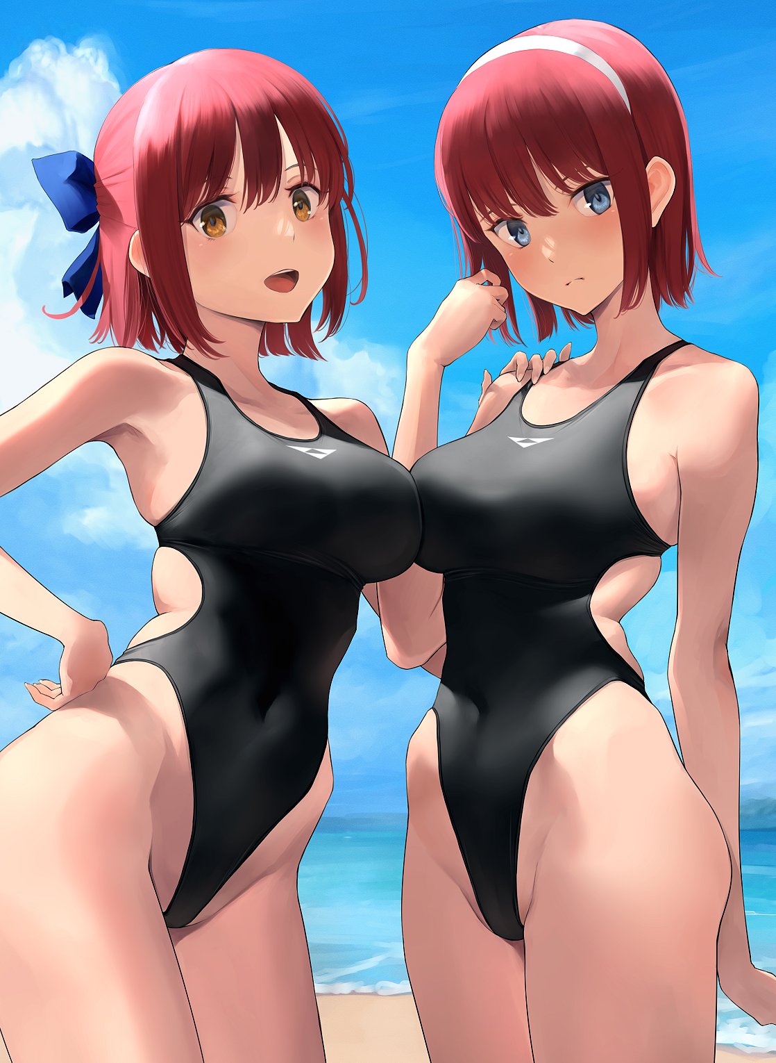 2girls bare_shoulders beach blue_eyes blue_sky blush breasts collarbone competition_swimsuit highres hisui_(tsukihime) kohaku_(tsukihime) large_breasts looking_at_viewer multiple_girls one-piece_swimsuit open_mouth pointy_chin red_hair shore short_hair sky smile swimsuit thighs tsukihime wa_(genryusui) yellow_eyes