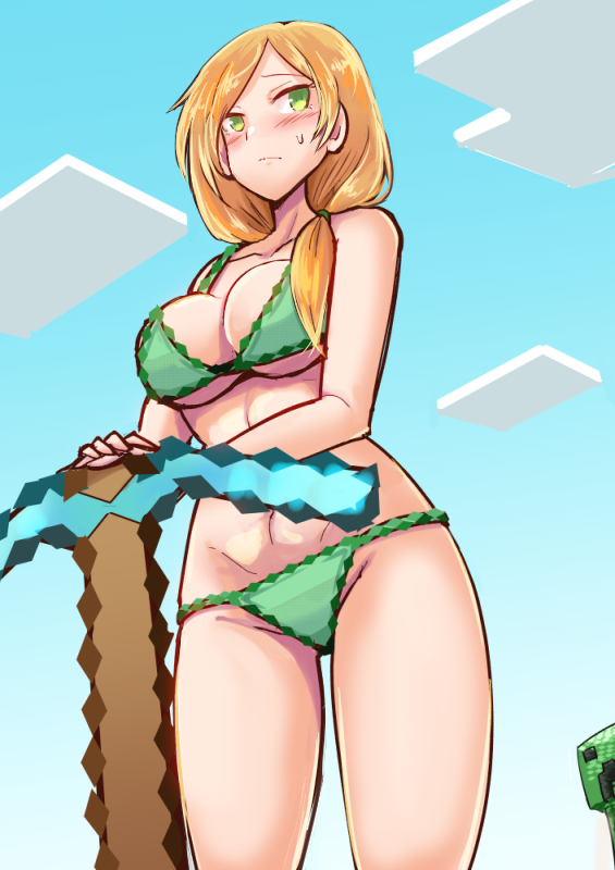 alex (minecraft), big, big breasts, bikini, breasts, creeper (minecraft), female, green eyes, minecraft, orange hair, pickaxe (minecraft), pixel bikini, standing