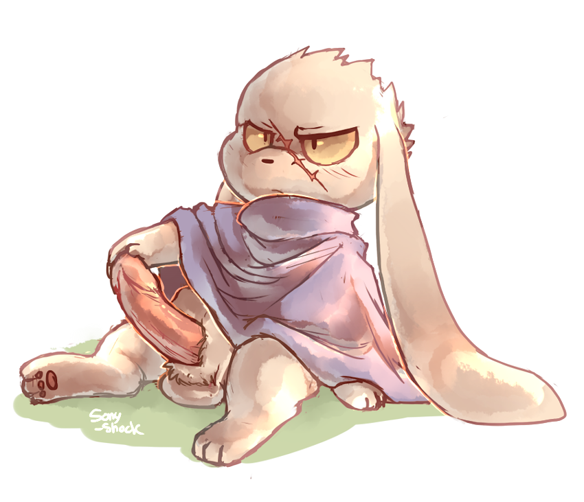 blush cave_story clothing erection fur king_(cave_story) lagomorph male mammal mimiga paws penis scar solo sony-shock sonyshock video_games white_fur