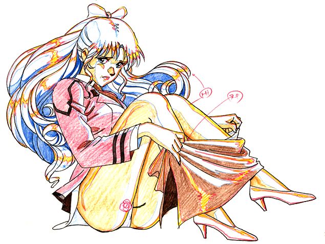 ass blue_eyes blue_hair bubble_butt busty female female_focus female_only gainax gunbuster hourglass_figure kazumi_amano long_hair panties pinup pinup_pose sitting sketch tagme wide_hips